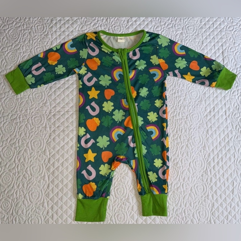 Baby girl baby boy zipper romper Lucky Charm St. Patrick's Day print 6/9 months